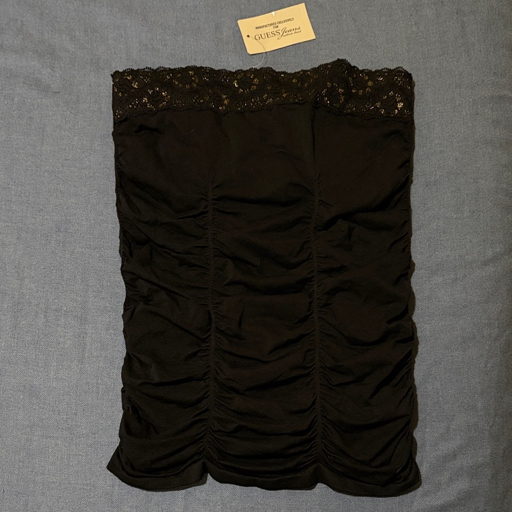 GUESS Black and Gold Lace-Top Ruched Top